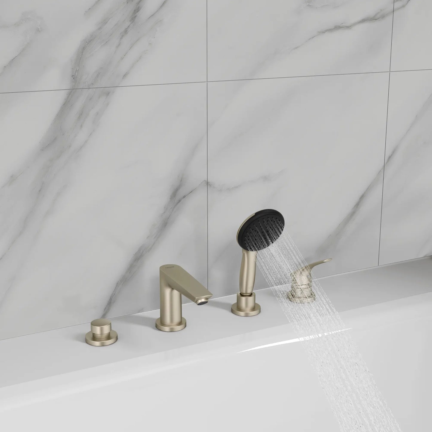 GROHE 25277EN3 Eurosmart 4-Hole Single Handle Deck Mount Roman Tub Faucet with 1.5 gpm Hand Shower - Brushed Nickel