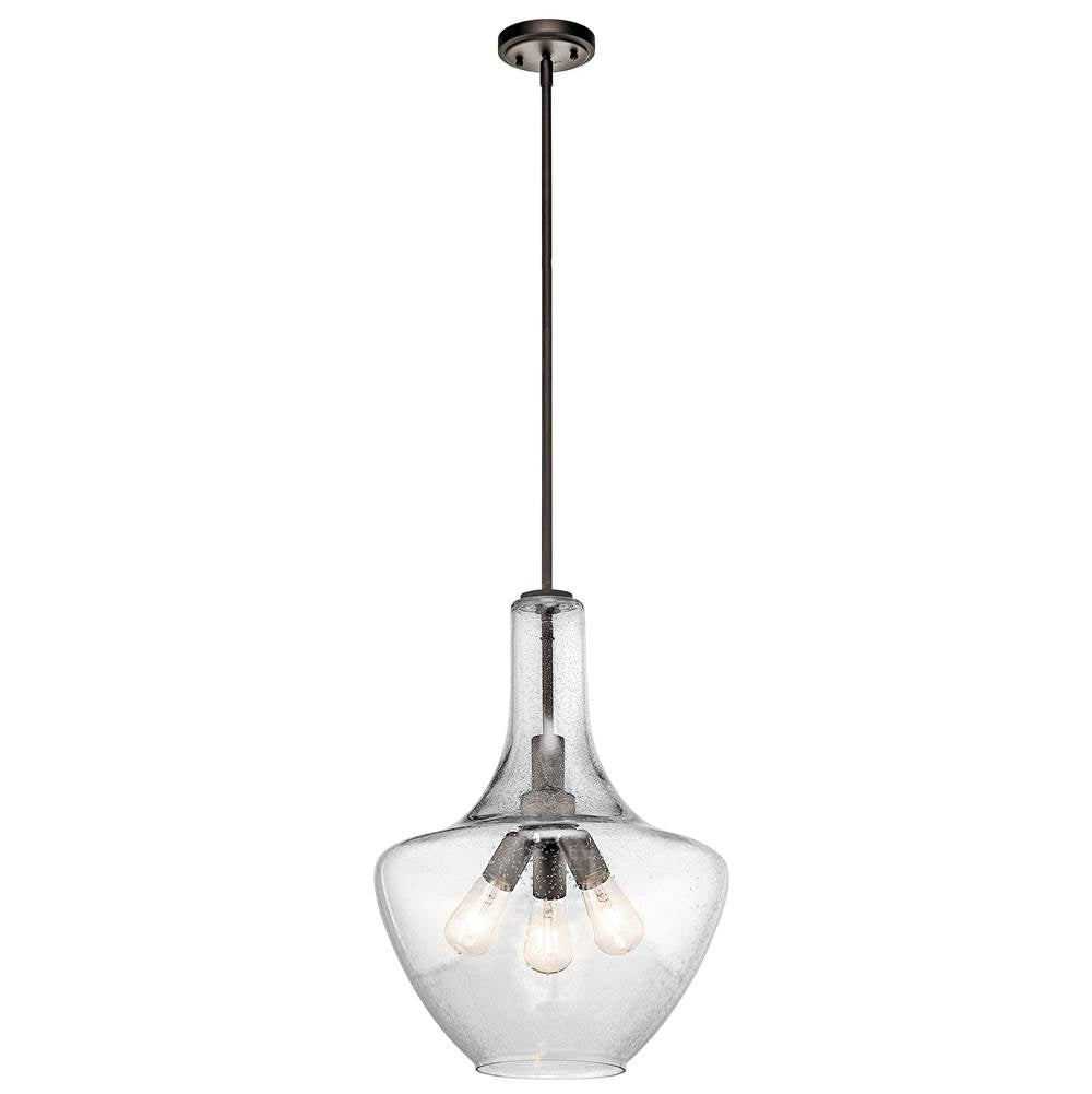 KICHLER 42190OZ Everly 22.75" 3 Light Bell Pendant Clear Seeded Glass Olde Bronze