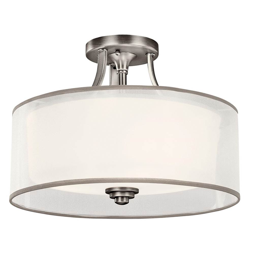 KICHLER 42386AP Lacey 15" 3 Light Semi Flush with Satin Etched Cased Opal Inner Diffusers and White Translucent Organza Outer Shade in Antique Pewter