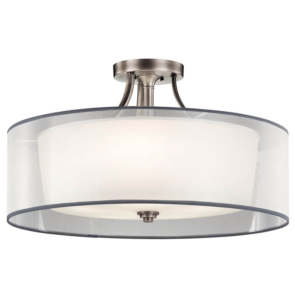 KICHLER 42399AP Lacey 28" 5 Light Semi Flush with Satin Etched Cased Opal Inner Diffusers and White Translucent Organza Outer Shade in Antique Pewter