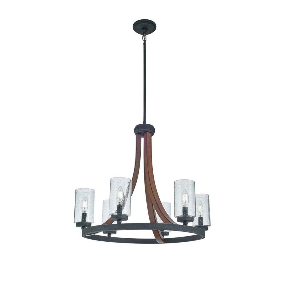 KICHLER 43193AUB Grand Bank 22.5" 6 Light Chandelier with Clear Seeded Glass in Auburn Stained Wood and Distressed Black Metal