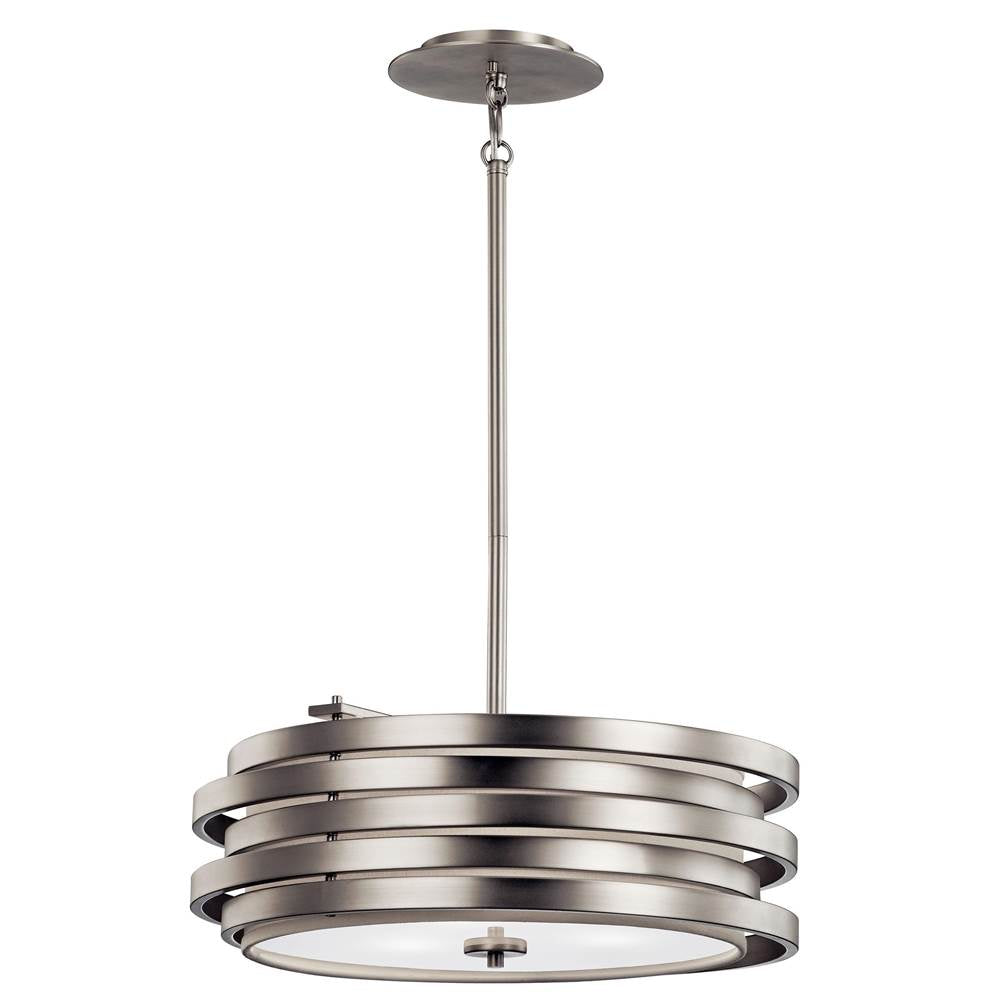 KICHLER 43301NI Roswell 7.25" 3 Light Pendant with Satin Etched Diffuser and Off White Linen Shade in Brushed Nickel