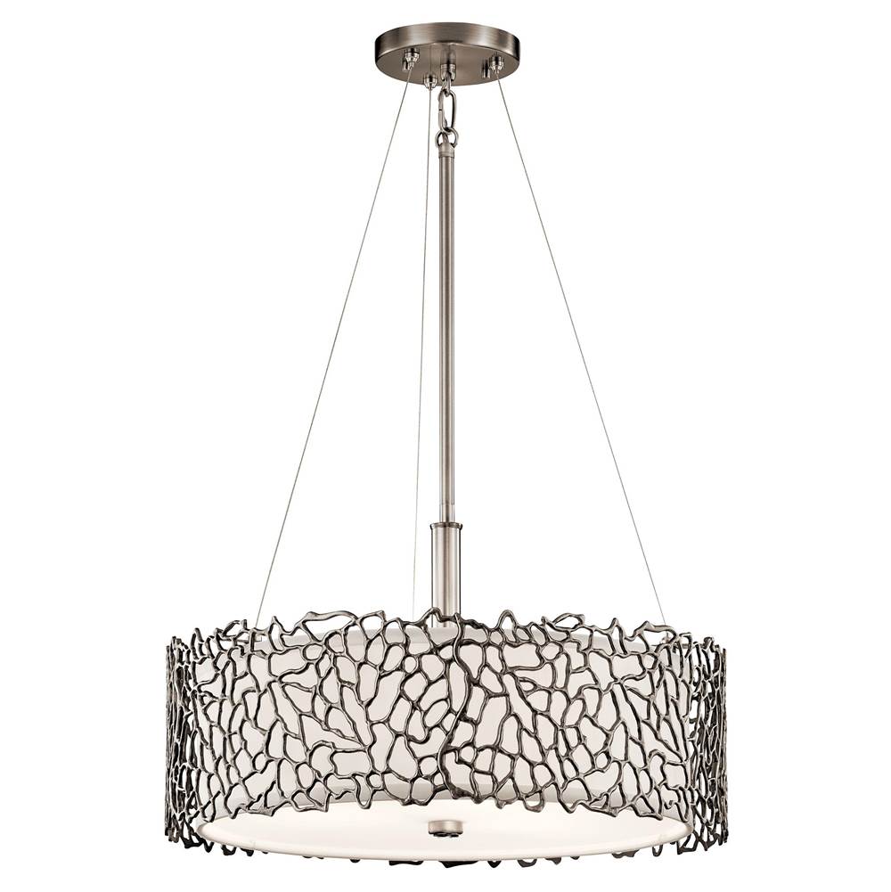 KICHLER 43346CLP Silver Coral 11" 3 Light Convertible Pendant with Etched Diffuser and White Fabric Shade in Classic Pewter