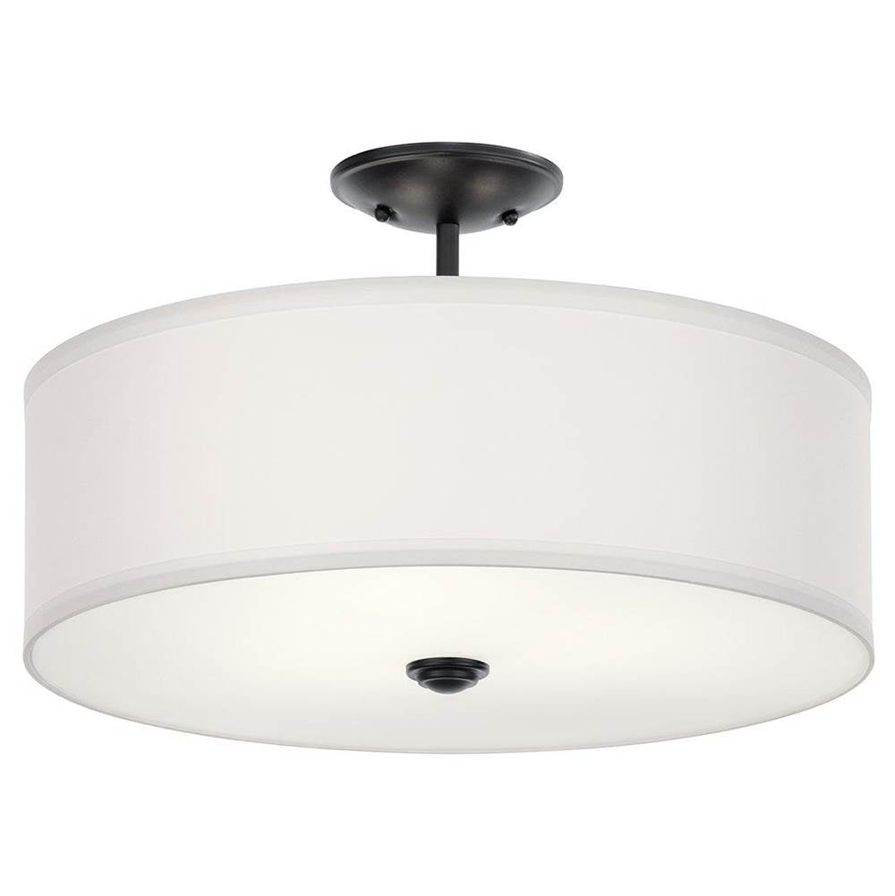 KICHLER 43692BK Shailene 18" 3 Light Round Semi Flush with Satin Etched White Diffuser and White Microfiber Shade in Brushed Nickel