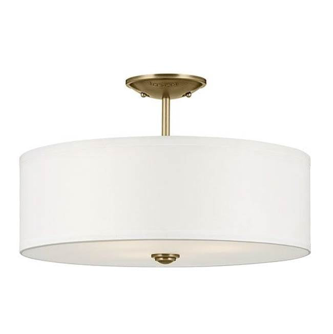 KICHLER 43692NBR Shailene 11.5" 3-Light Small Round Semi Flush with White Fabric Shade and Clear Satin Etched Diffuser in Natural Brass