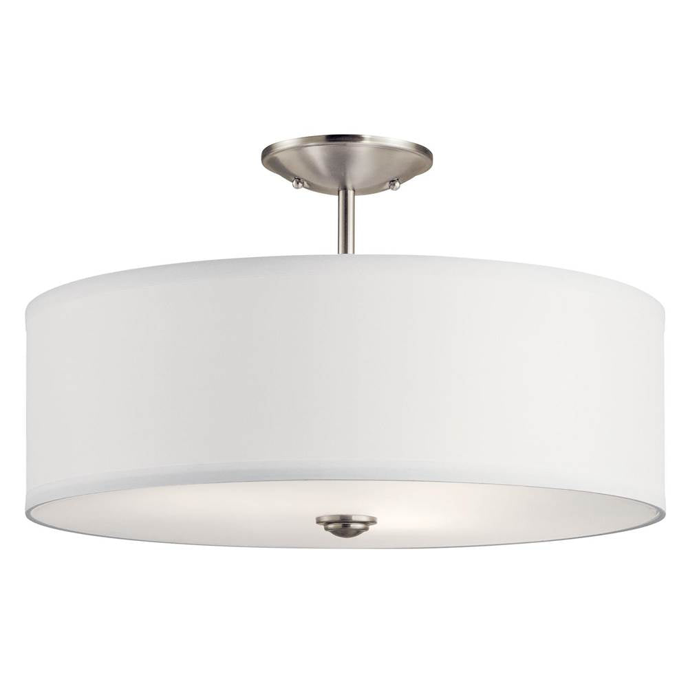 KICHLER 43692NI Shailene 18" 3 Light Round Semi Flush with Satin Etched White Diffuser and White Microfiber Shade in Brushed Nickel