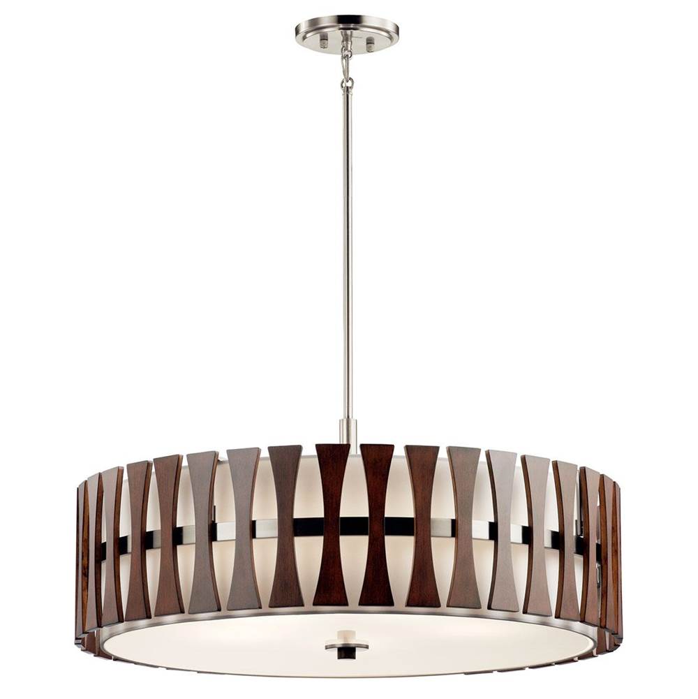 KICHLER 43754AUB Cirus 14" 5 Light Convertible Pendant with Tempered Etched Glass and White Linen in Auburn Stain