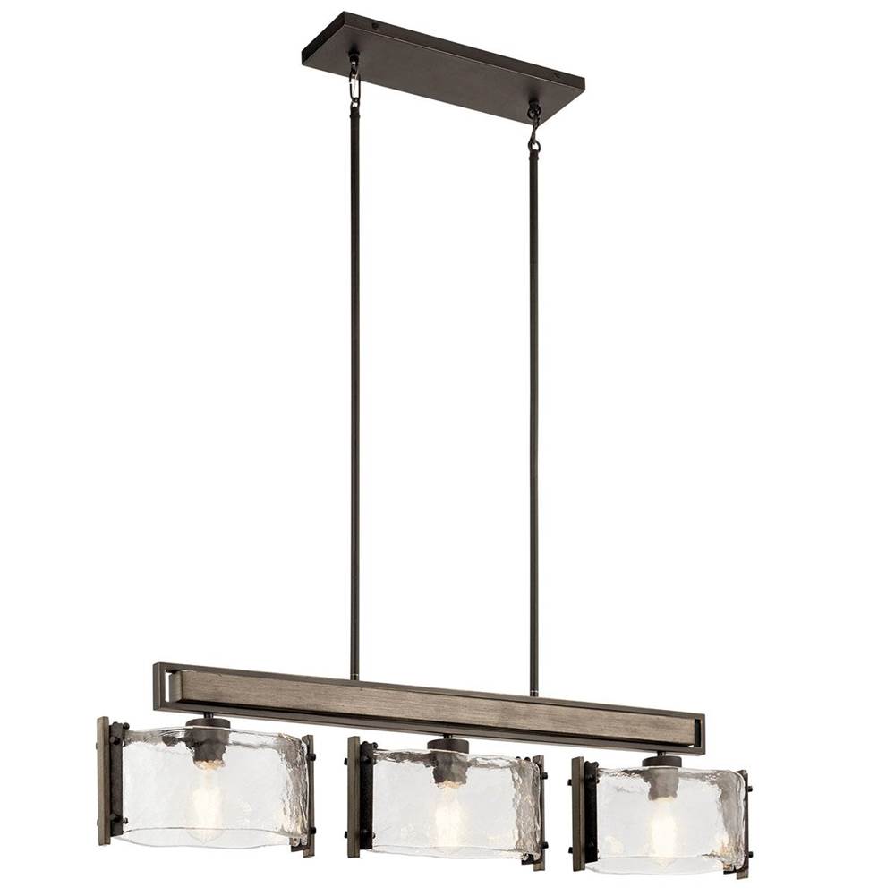 KICHLER 43896OZ Aberdeen 9.75" 3 Light Linear Chandelier with Piastra Glass in Olde Bronze and Distressed Antique Gray with Rust Accents