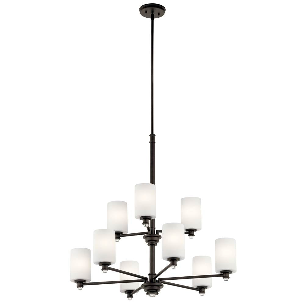 KICHLER 43924OZ Joelson 33" 9 Light Chandelier with Satin Etched Cased Opal and Clear Glass Accent Glass in Olde Bronze