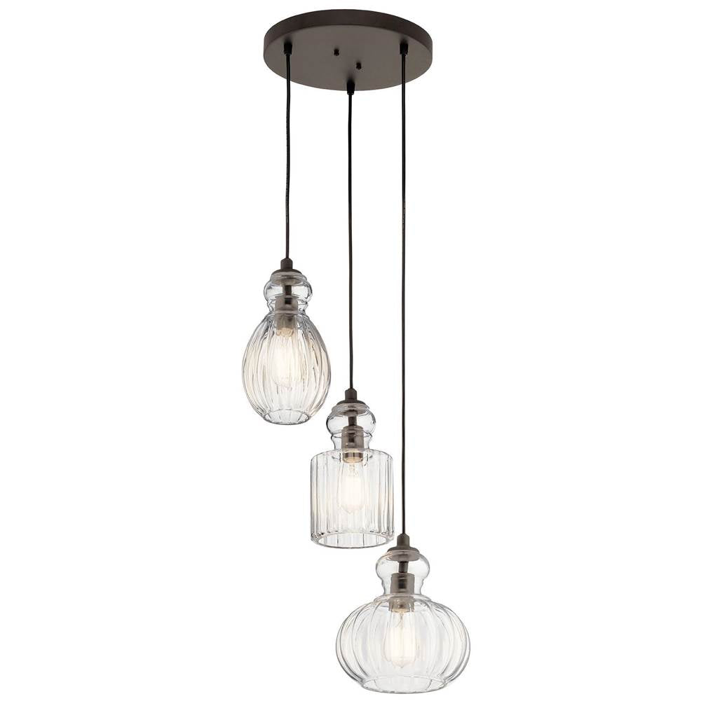 KICHLER 43952OZ Riviera 10.25" 3 Light Pendant with Clear Ribbed Glass in Olde Bronze