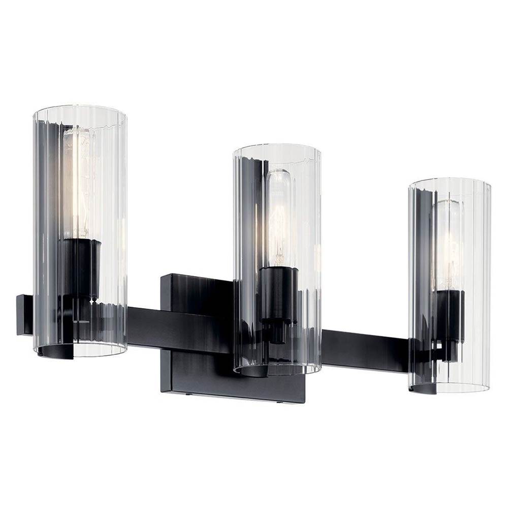 KICHLER 55168BK Jemsa 22.75 Inch 3 Light Vanity with Clear Fluted Glass in Black