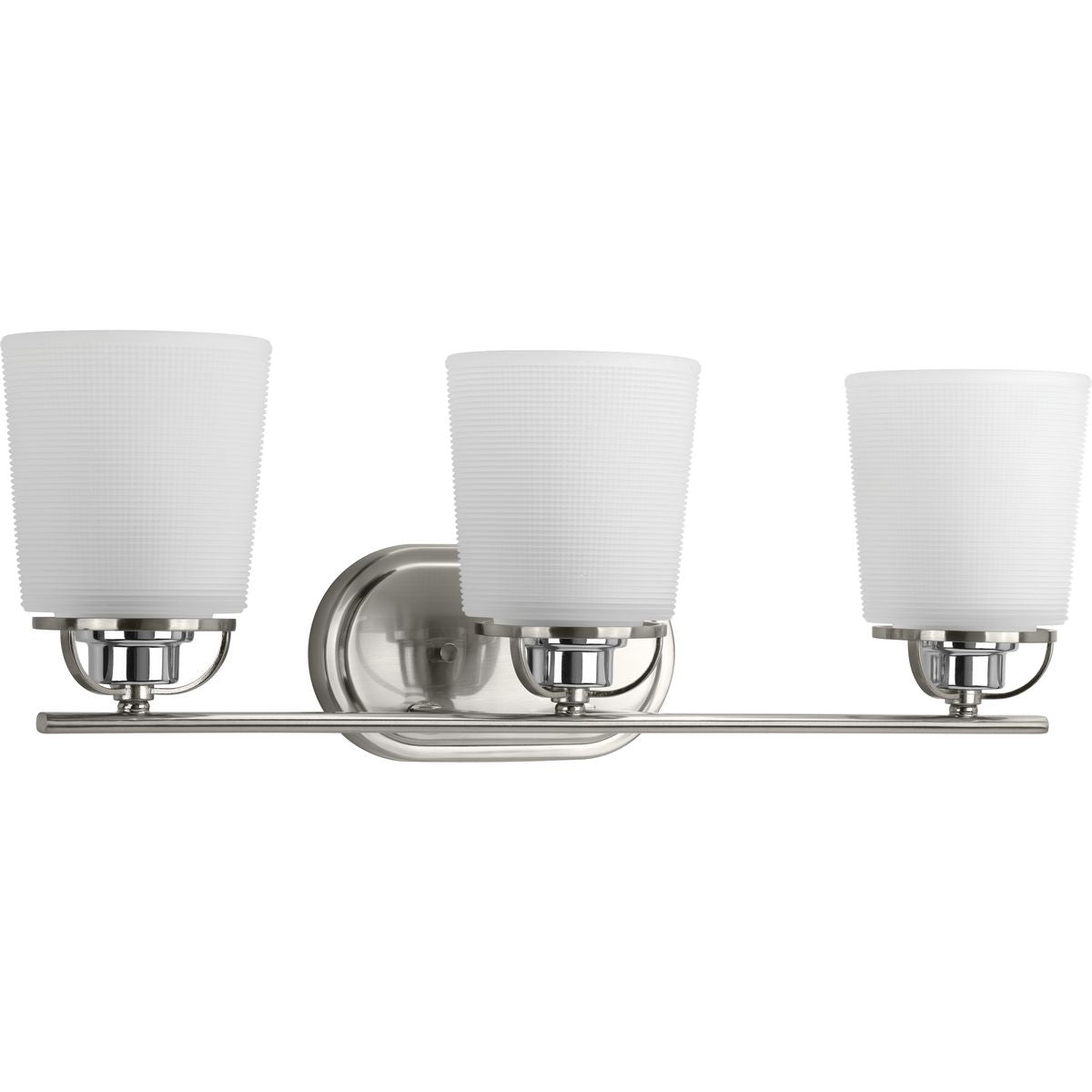 PROGRESS LIGHTING P300006-009 Brushed Nickel West Village Collection Three-Light Brushed Nickel Etched Double Prismatic Glass Farmhouse Bath Vanity Light