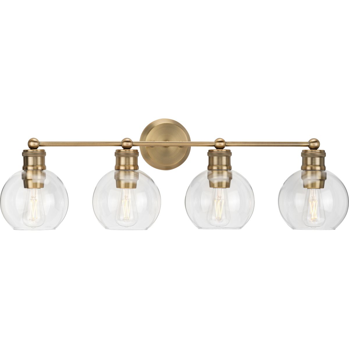 PROGRESS LIGHTING P300052-163 Vintage Brass Hansford Collection Four-Light Vintage Brass Clear Glass Farmhouse Bath Vanity Light