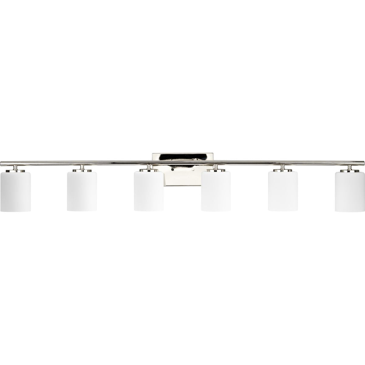 PROGRESS LIGHTING P300385-104 Polished Nickel Replay Collection Six-Light Traditional Polished Nickel Etched White Glass Bath Vanity Light