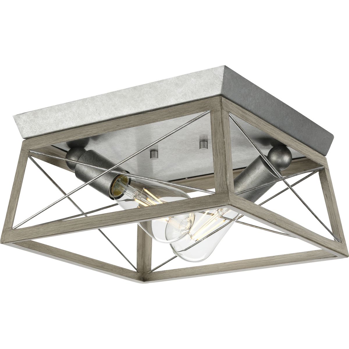 PROGRESS LIGHTING P350039-141 Galvanized Finish Briarwood Collection Two-Light Galvanized and Bleached Oak Farmhouse Style Flush Mount Ceiling Light