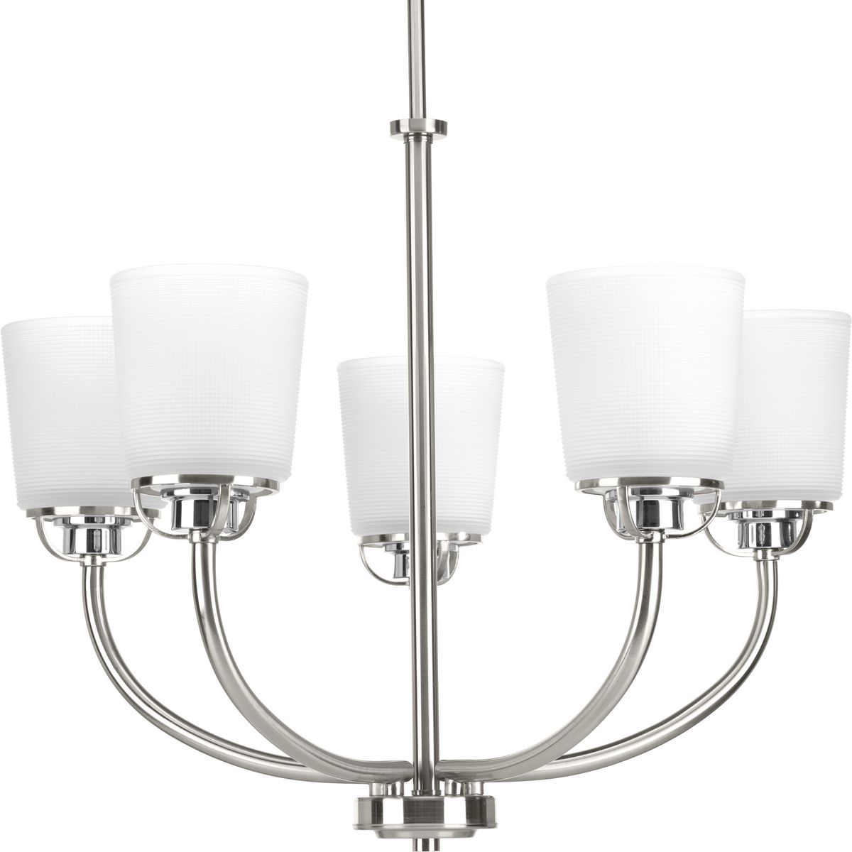 PROGRESS LIGHTING P400009-009 Brushed Nickel West Village Collection Five-Light Brushed Nickel Etched Double Prismatic Glass Farmhouse Chandelier Light