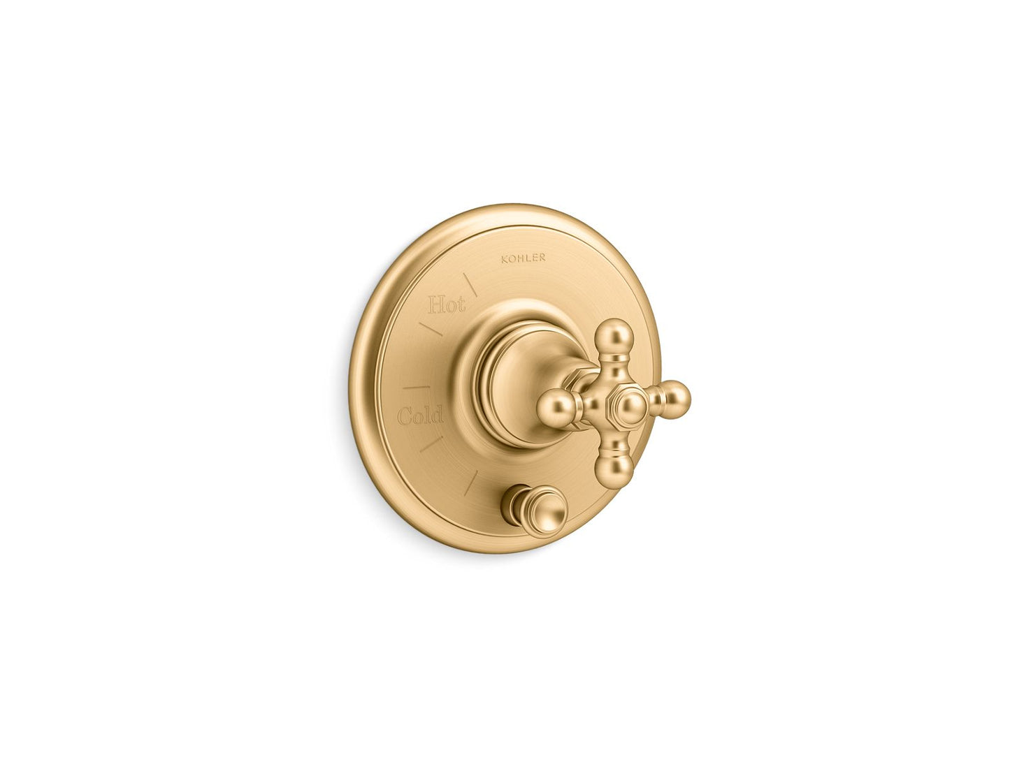 KOHLER Artifacts Rite-Temp valve trim with push-button diverter and cross handle - Vibrant Brushed Moderne Brass, K-T72768-3-2MB