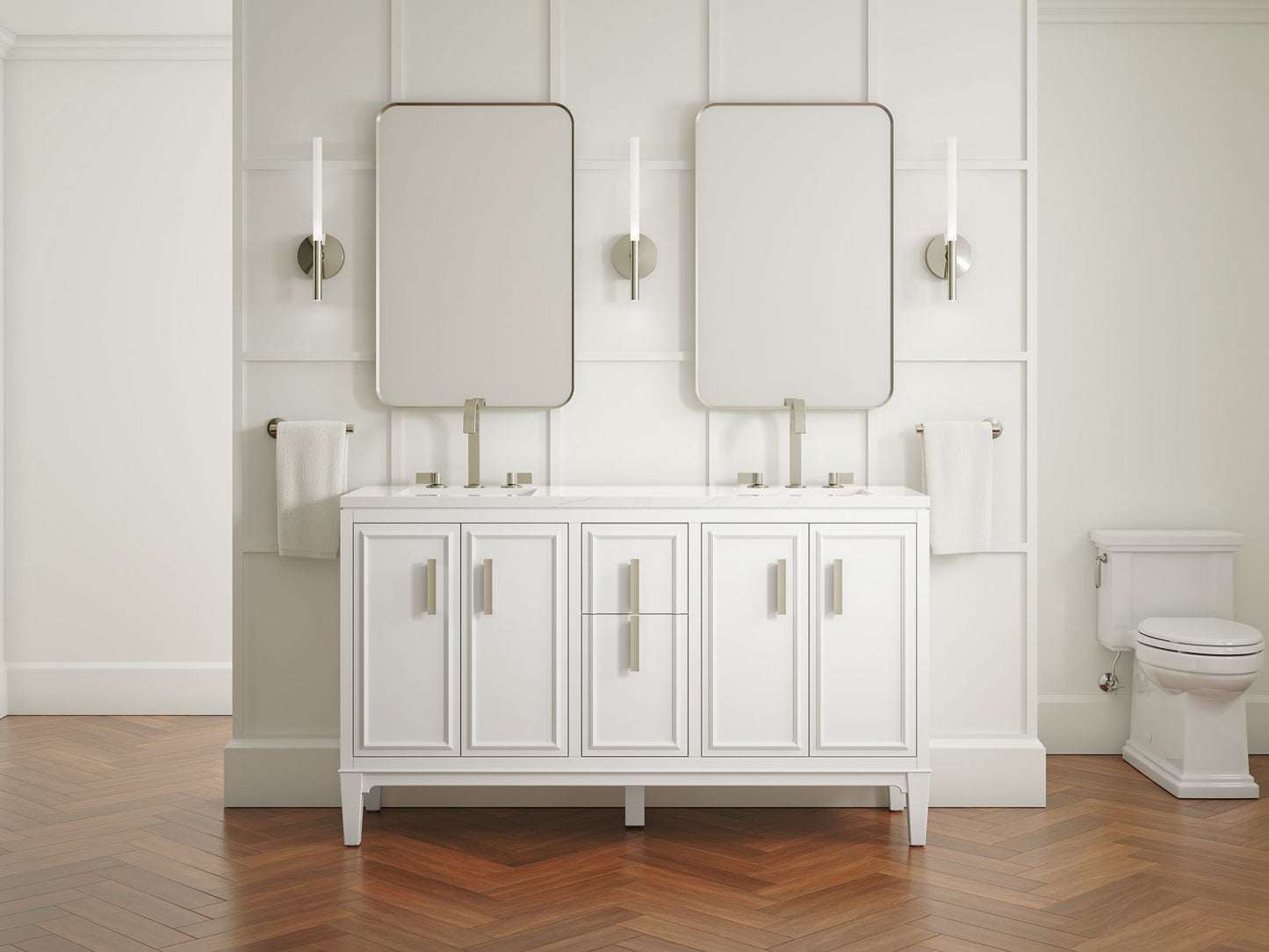 KOHLER Southerk 60" bathroom vanity cabinet with sinks and quartz top - White, K-33547-ASB-0