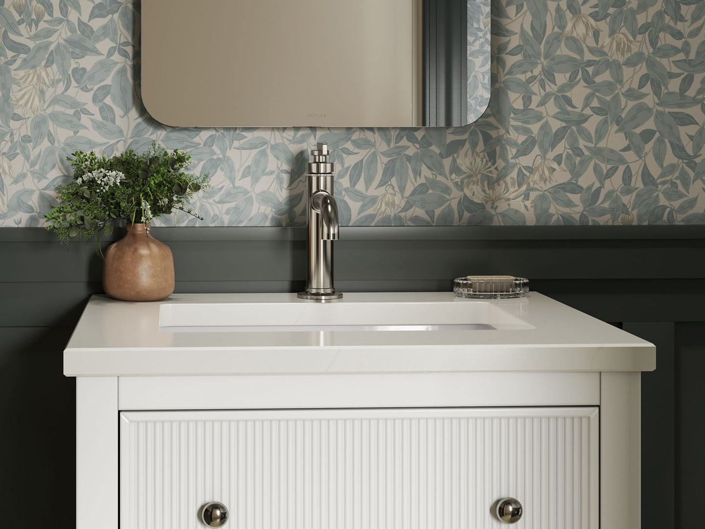 KOHLER K-35018-DAK Malin by Studio McGee 24" bathroom vanity cabinet with sink and quartz top - Draper Oak