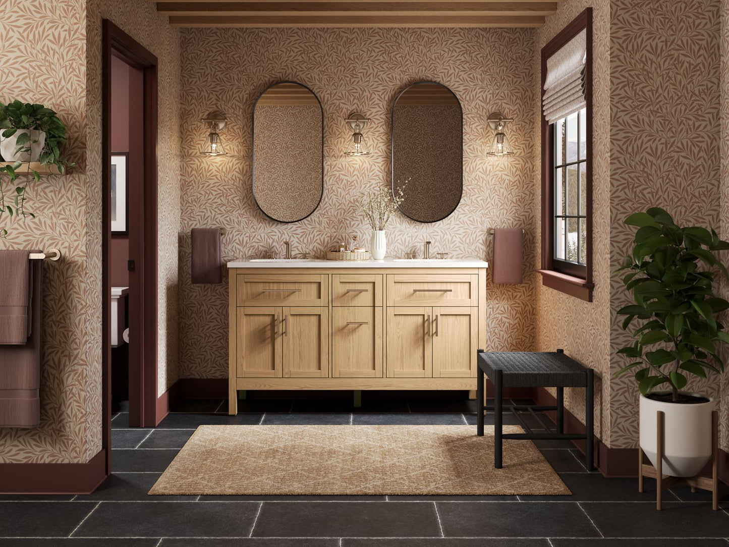 KOHLER Hadron 60" bathroom vanity cabinet with sinks and quartz top - Light Oak, K-39607-ASB-WEK