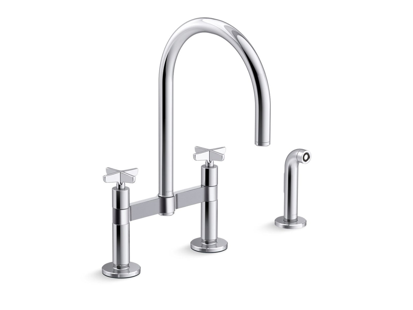 KOHLER K-28673-3-CP Two-hole bridge kitchen sink faucet with side sprayer - Polished Chrome