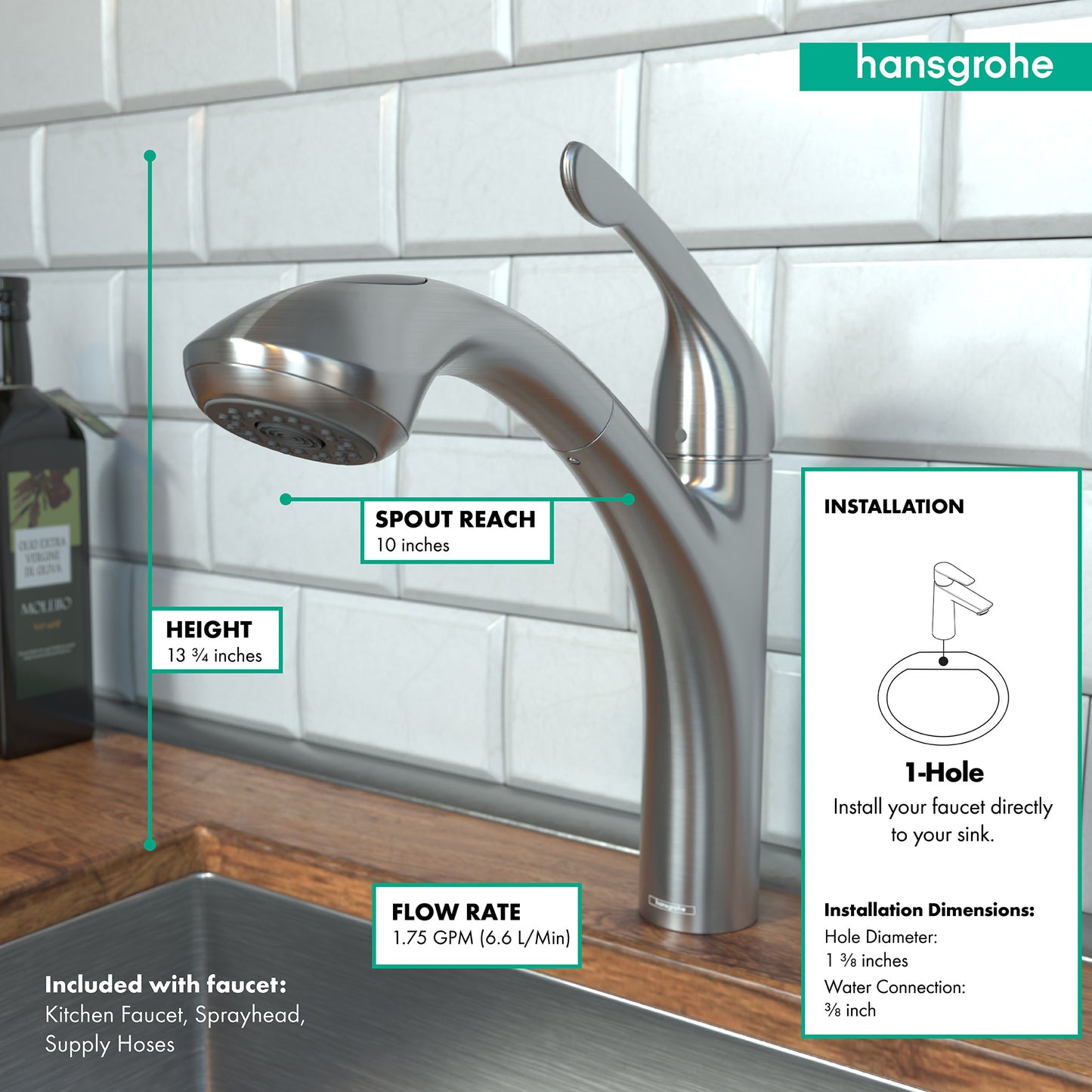 HANSGROHE 04076860 Stainless Steel Optic Allegro E Modern Kitchen Faucet 1.75 GPM