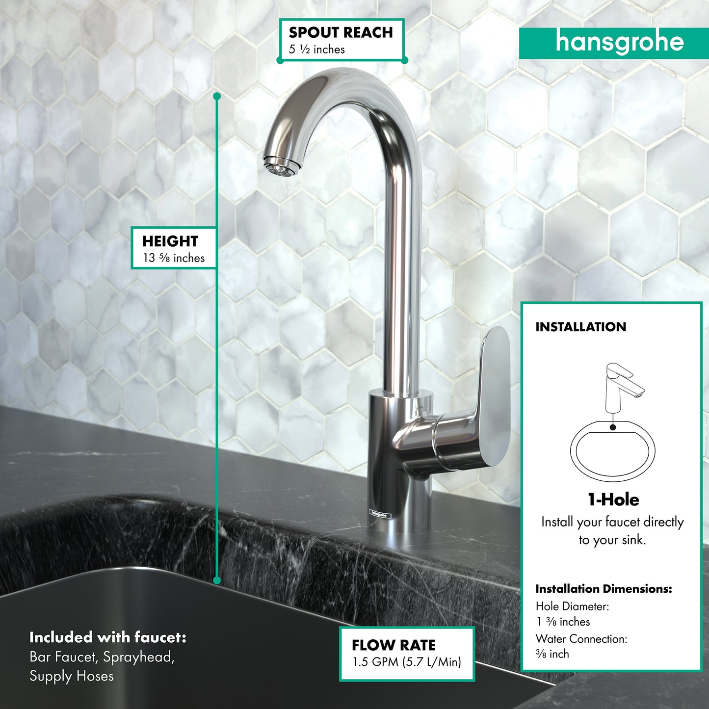 HANSGROHE 04507001 Chrome Focus Modern Kitchen Faucet 1.5 GPM