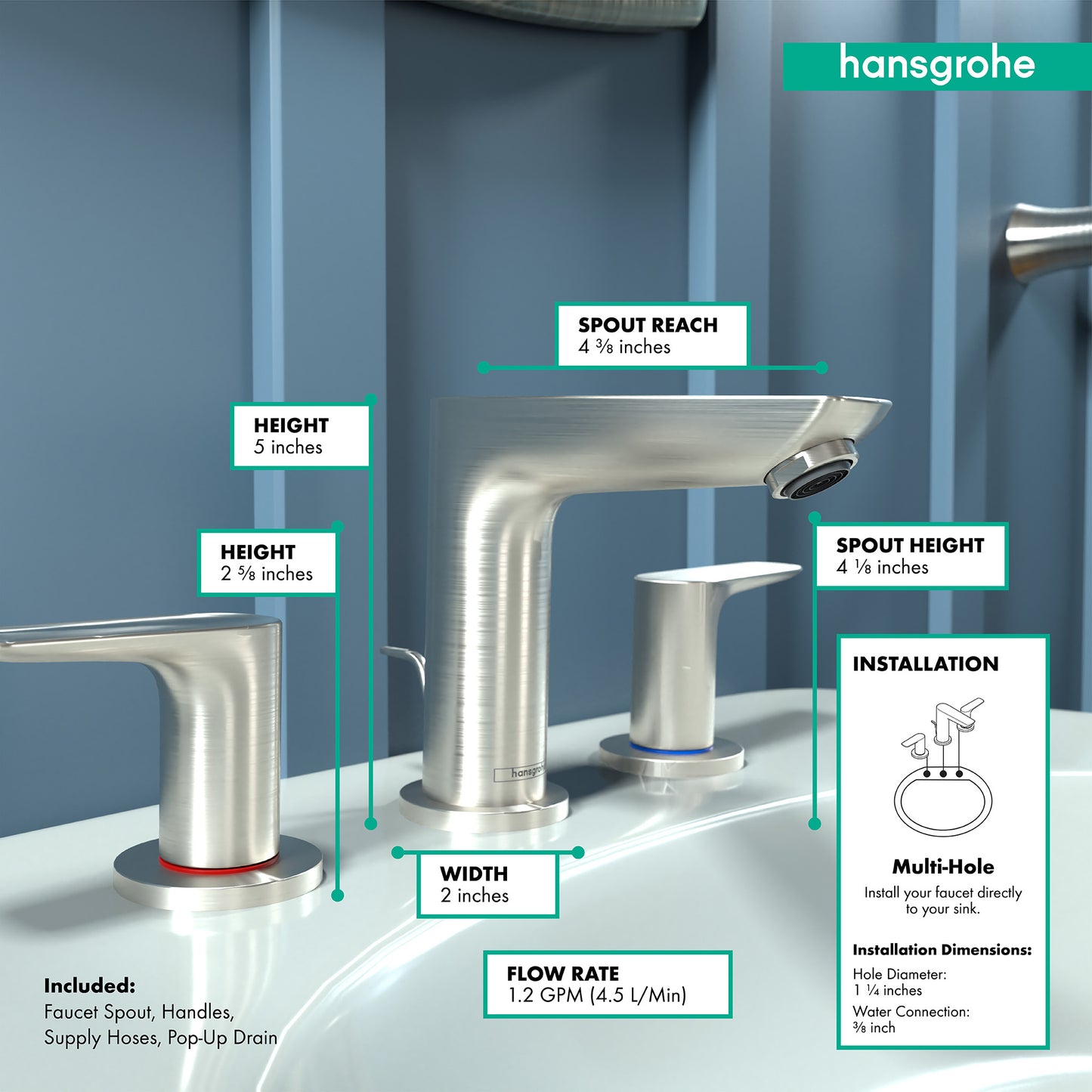 HANSGROHE 71733821 Talis E Widespread Faucet 150 with Pop-Up Drain, 1.2 GPM - Brushed Nickel
