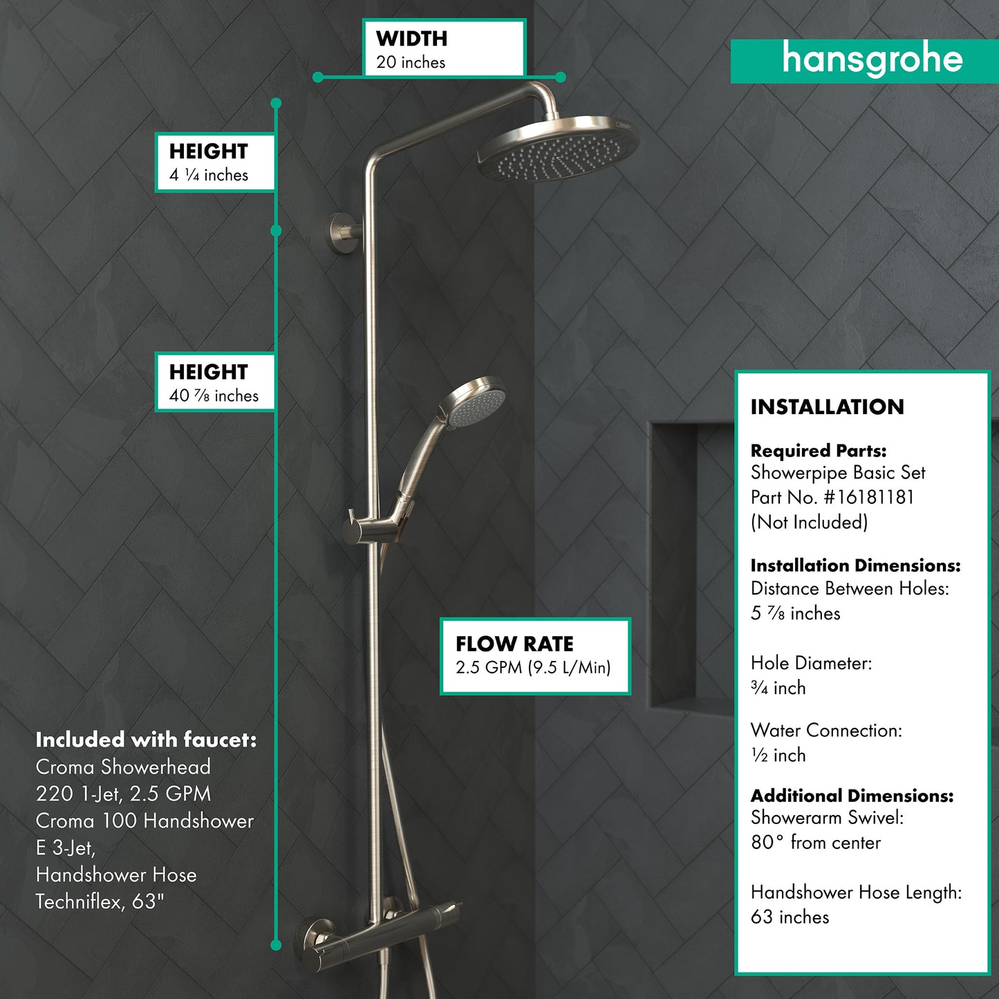 HANSGROHE 27185821 Brushed Nickel Croma Modern Showerpipe 2.5 GPM