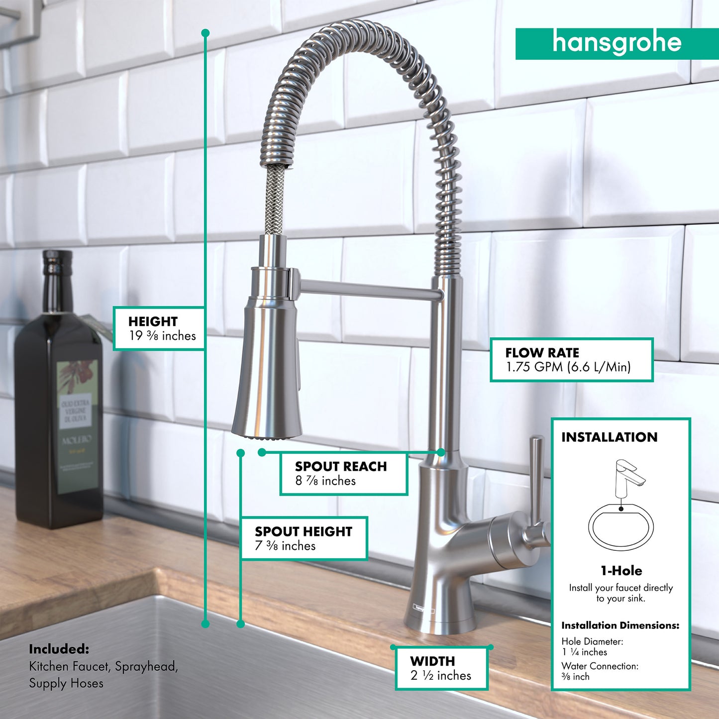 HANSGROHE 04792800 Stainless Steel Optic Joleena Transitional Kitchen Faucet 1.75 GPM