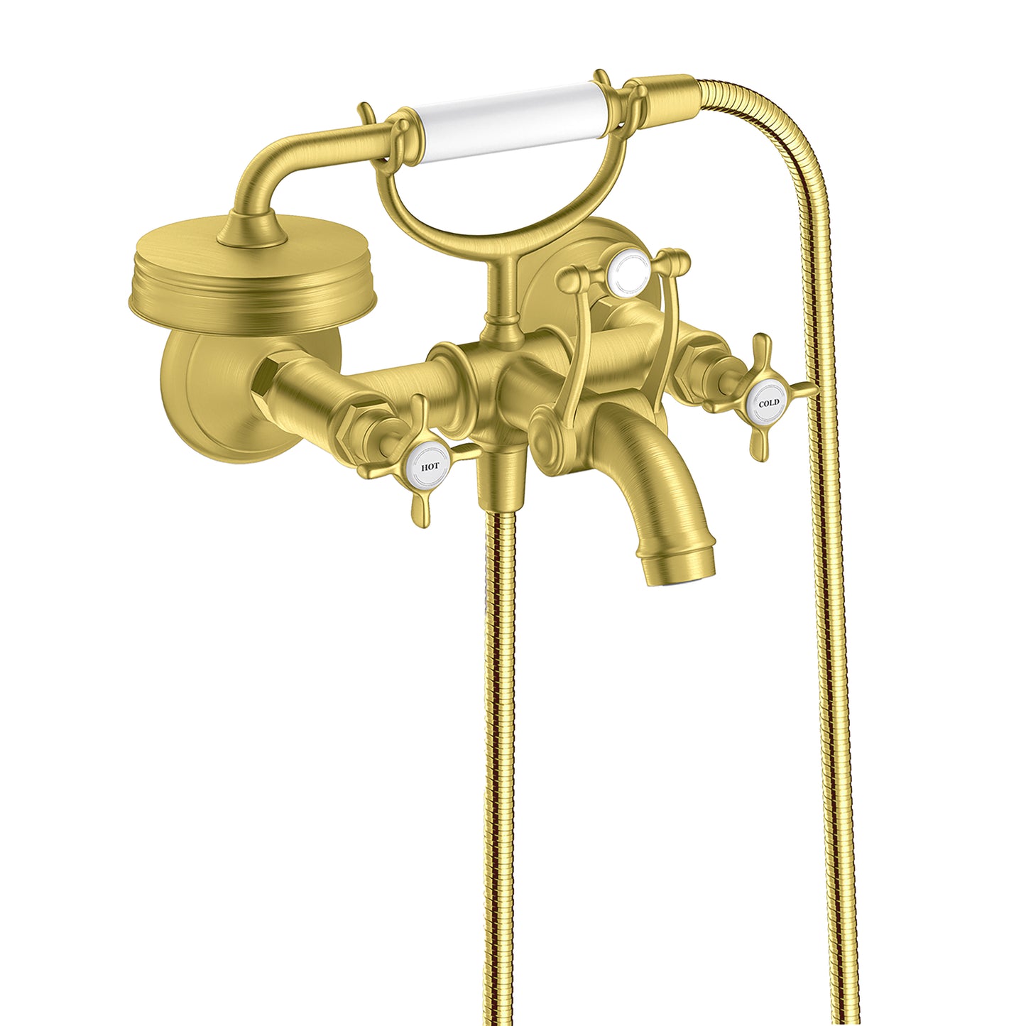 AXOR Montreux 2-Handle Wall-Mounted Tub Filler with Cross Handles and 1.8 GPM Handshower in Brushed Gold Optic