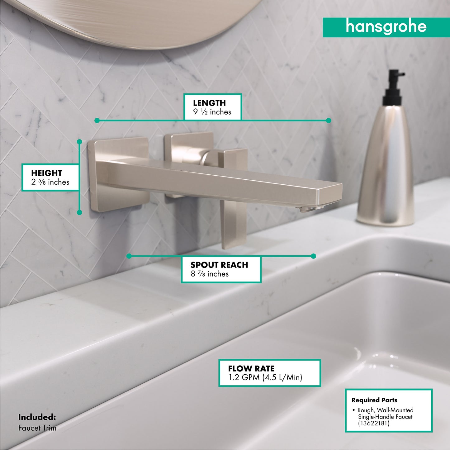 HANSGROHE 32526821 Brushed Nickel Metropol Modern Wall Mounted Bathroom Faucet 1.2 GPM