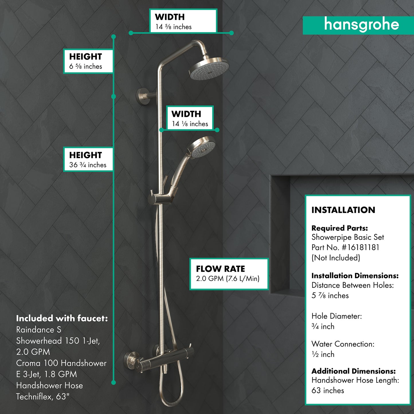 HANSGROHE 27169821 Brushed Nickel Croma Modern Showerpipe 2 GPM