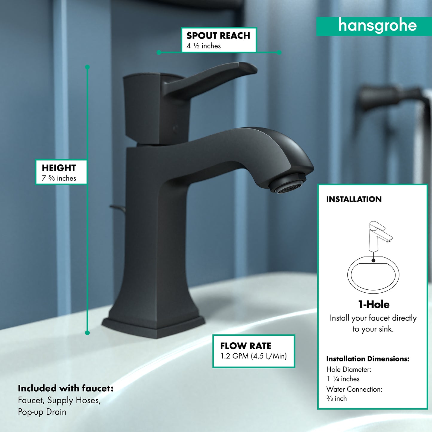 HANSGROHE 31300671 Metropol Classic Single-Hole Faucet 110 with Pop-Up Drain, 1.2 GPM - Matte Black