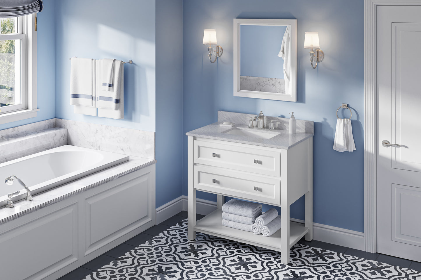 JEFFREY ALEXANDER VKITADL36WHWCR 36" White Adler Vanity, White Carrara Marble Vanity Top, undermount rectangle bowl - White