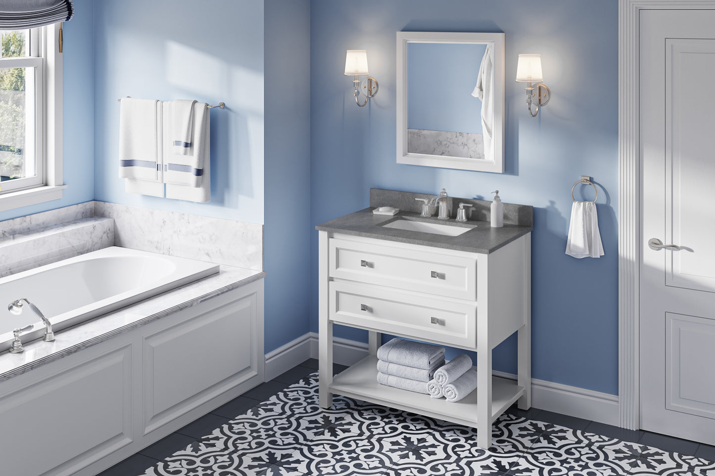 JEFFREY ALEXANDER VKITADL36WHSGR 36" White Adler Vanity, Steel Grey Cultured Marble Vanity Top, undermount rectangle bowl - White