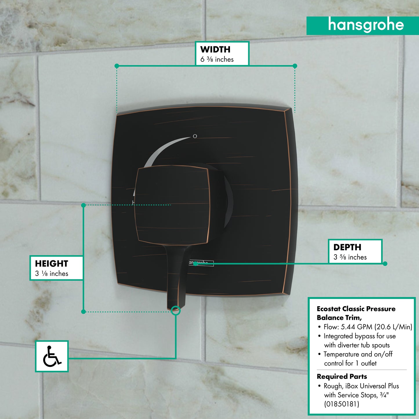 HANSGROHE 15769921 Ecostat Classic Pressure Balance Trim, Square - Rubbed Bronze