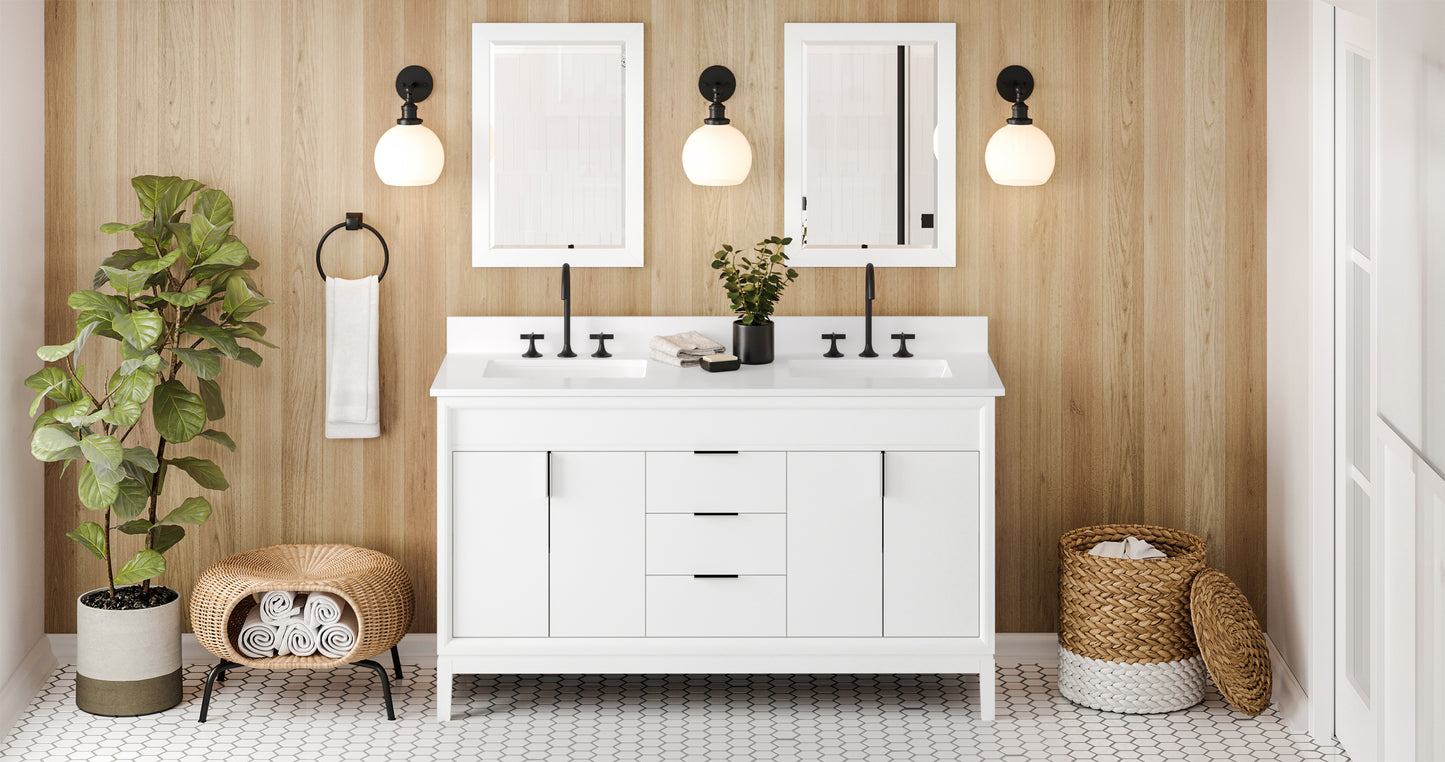 JEFFREY ALEXANDER VKITTHE60WHWQR 60" White Theodora Vanity, double bowl, White Quartz Vanity Top, two undermount rectangle bowls - White
