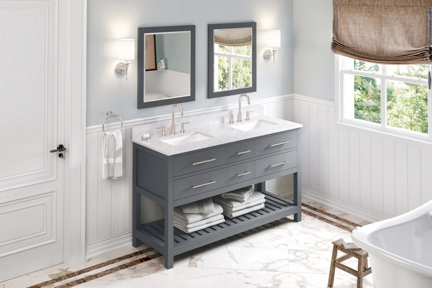 JEFFREY ALEXANDER VKITWAV60GRWCR 60" Grey Wavecrest Vanity, double bowl, White Carrara Marble Vanity Top, two undermount rectangle bowls - Grey