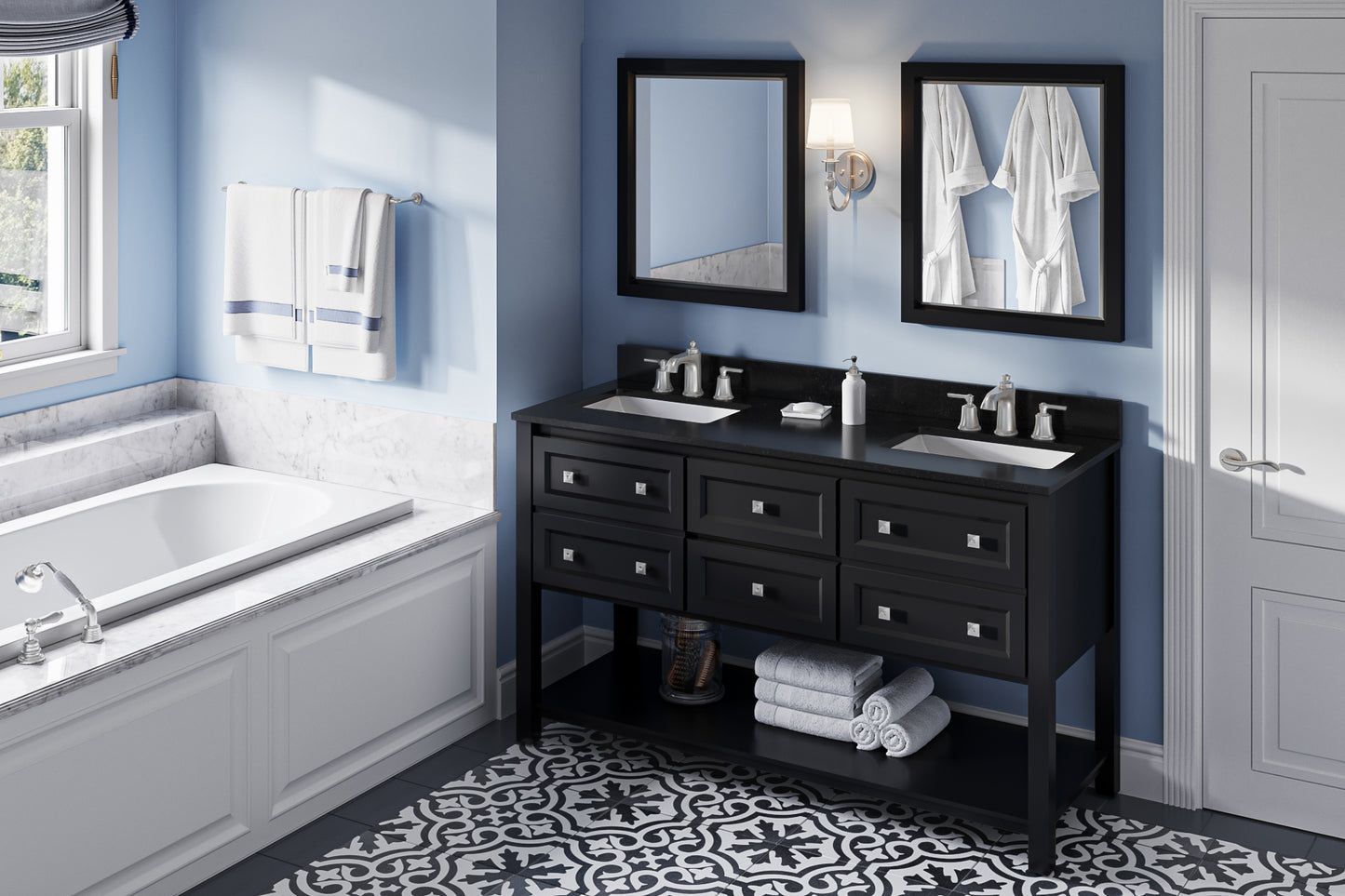 JEFFREY ALEXANDER VN2ADL-60-BK-NT 60" Black Adler Vanity, double bowl - Black