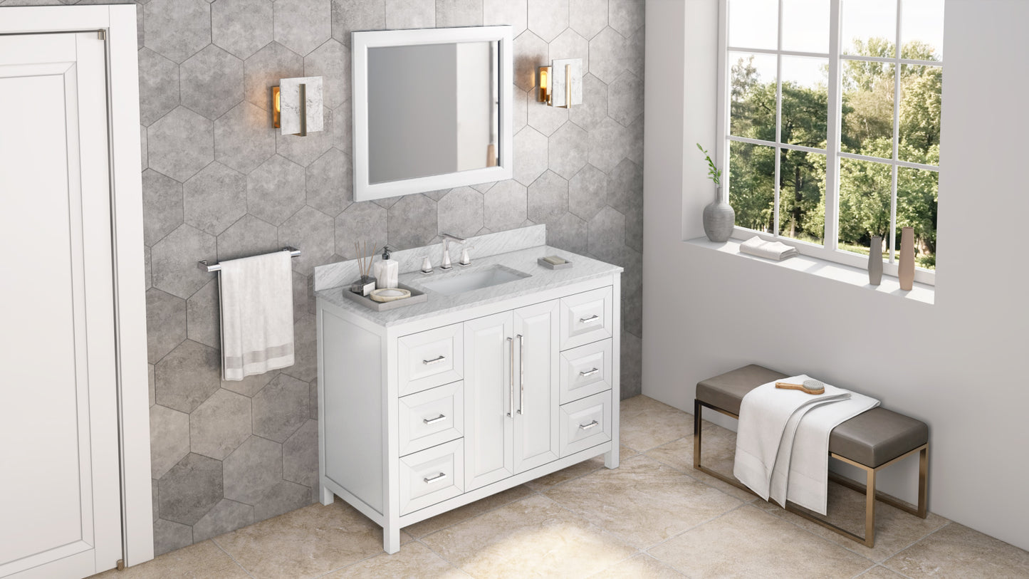 JEFFREY ALEXANDER VKITCAD48WHWCR 48" White Cade Vanity, White Carrara Marble Vanity Top, undermount rectangle bowl - White