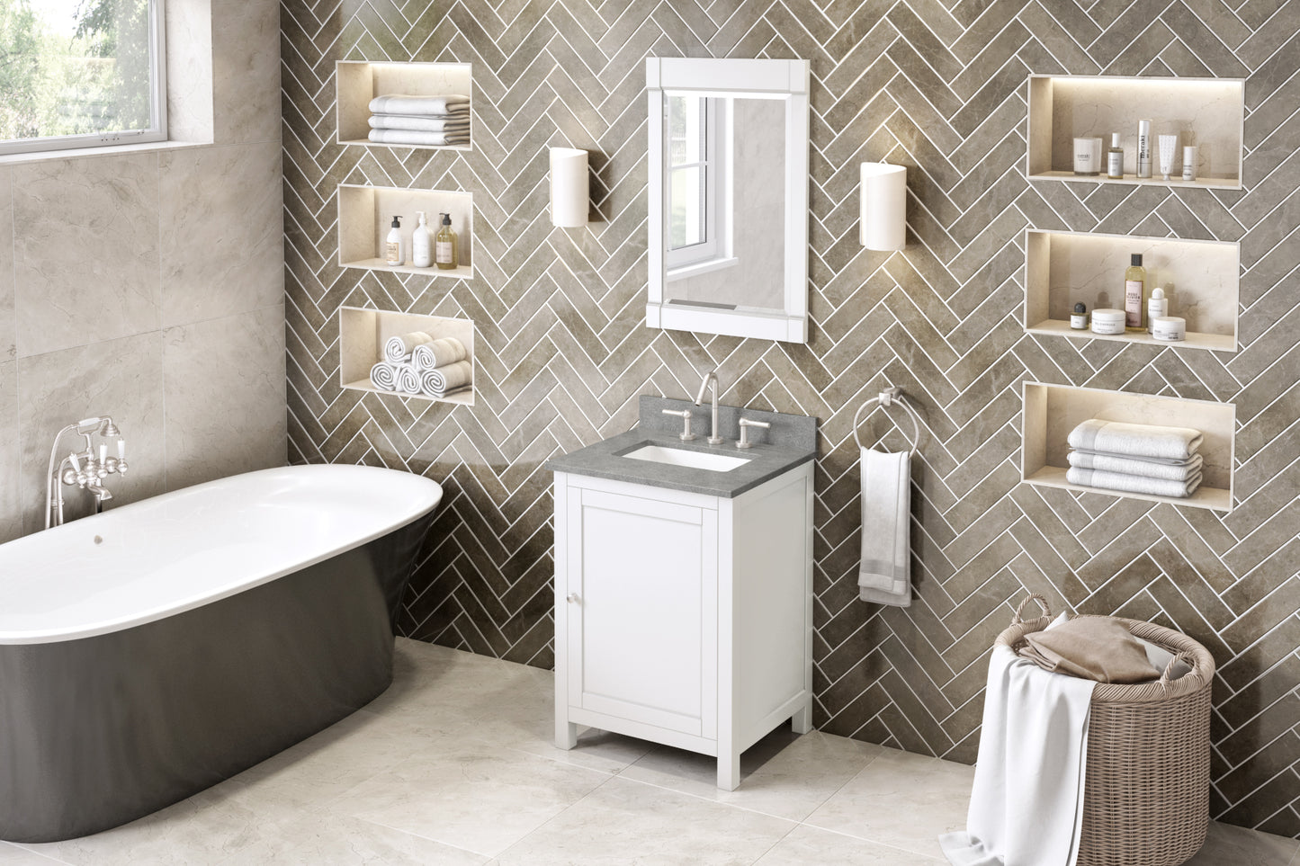 JEFFREY ALEXANDER VKITAST24WHSGR 24" White Astoria Vanity, Steel Grey Cultured Marble Vanity Top, undermount rectangle bowl - White