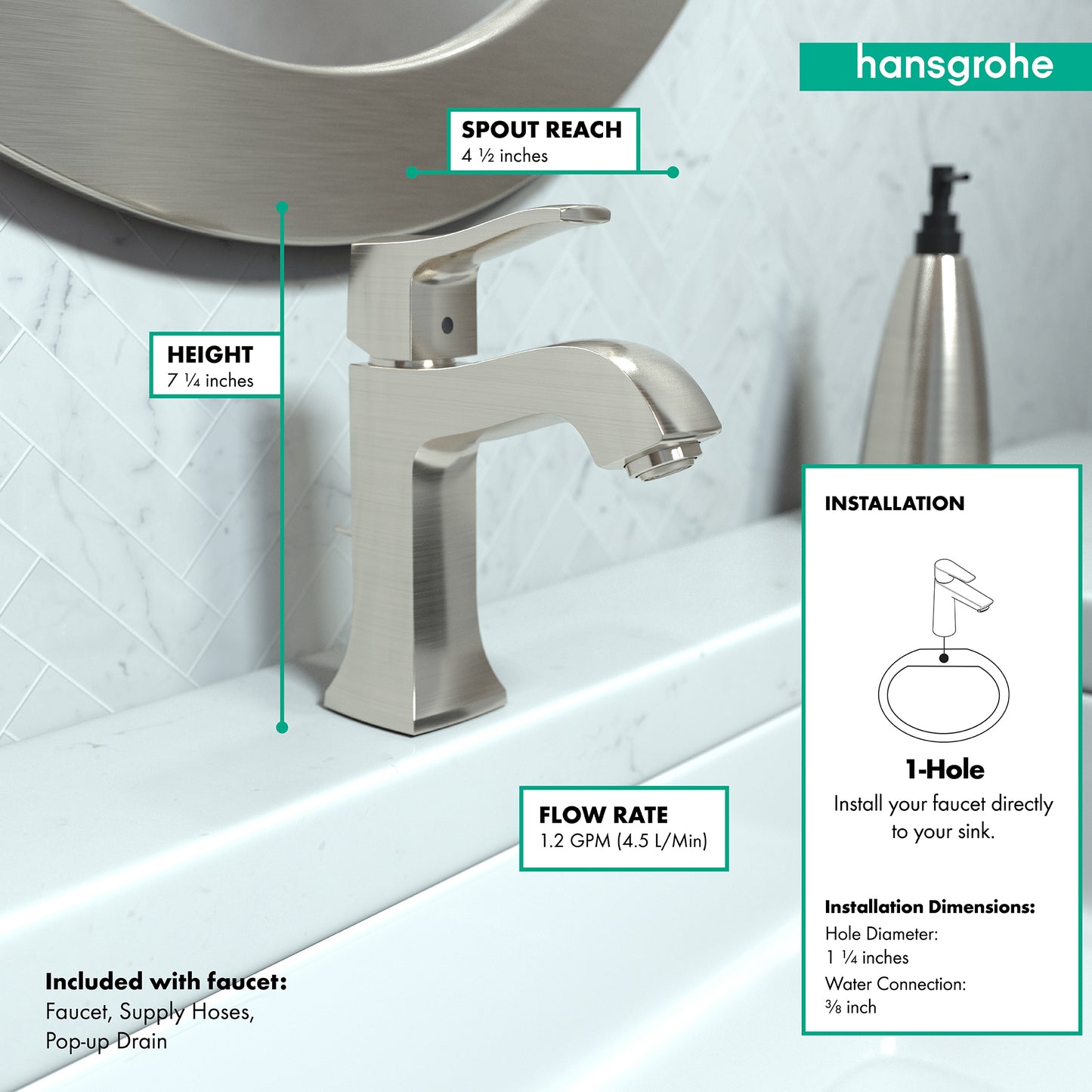 HANSGROHE 31075821 Brushed Nickel Metris C Classic Single Hole Bathroom Faucet 1.2 GPM
