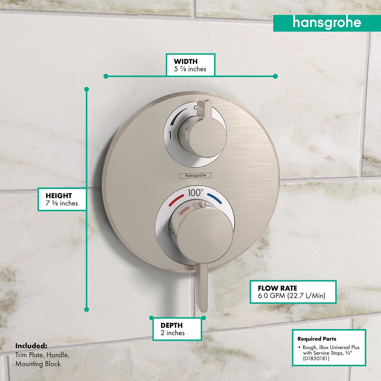 HANSGROHE 15757821 Brushed Nickel Ecostat S Modern Thermostatic Trim