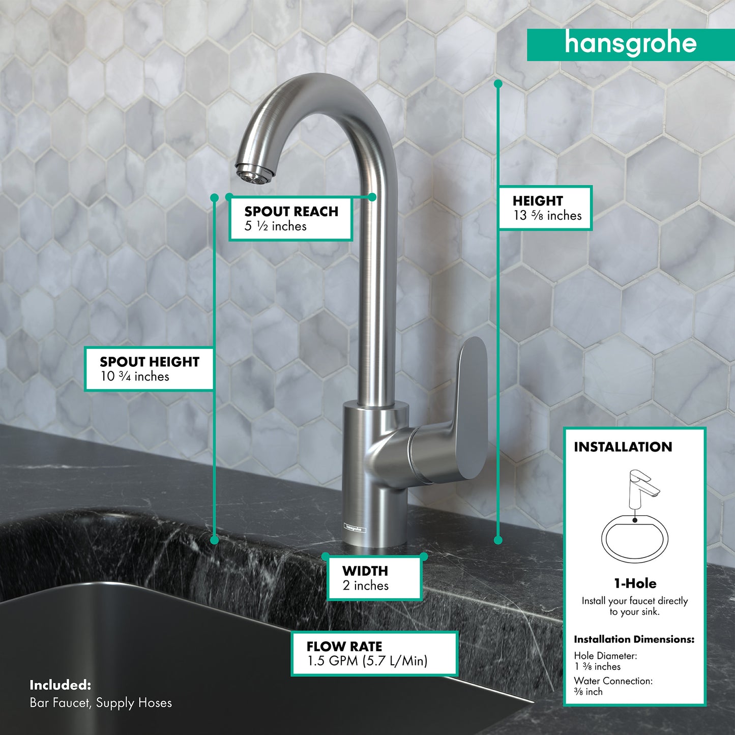 HANSGROHE 04507801 Stainless Steel Optic Focus Modern Kitchen Faucet 1.5 GPM