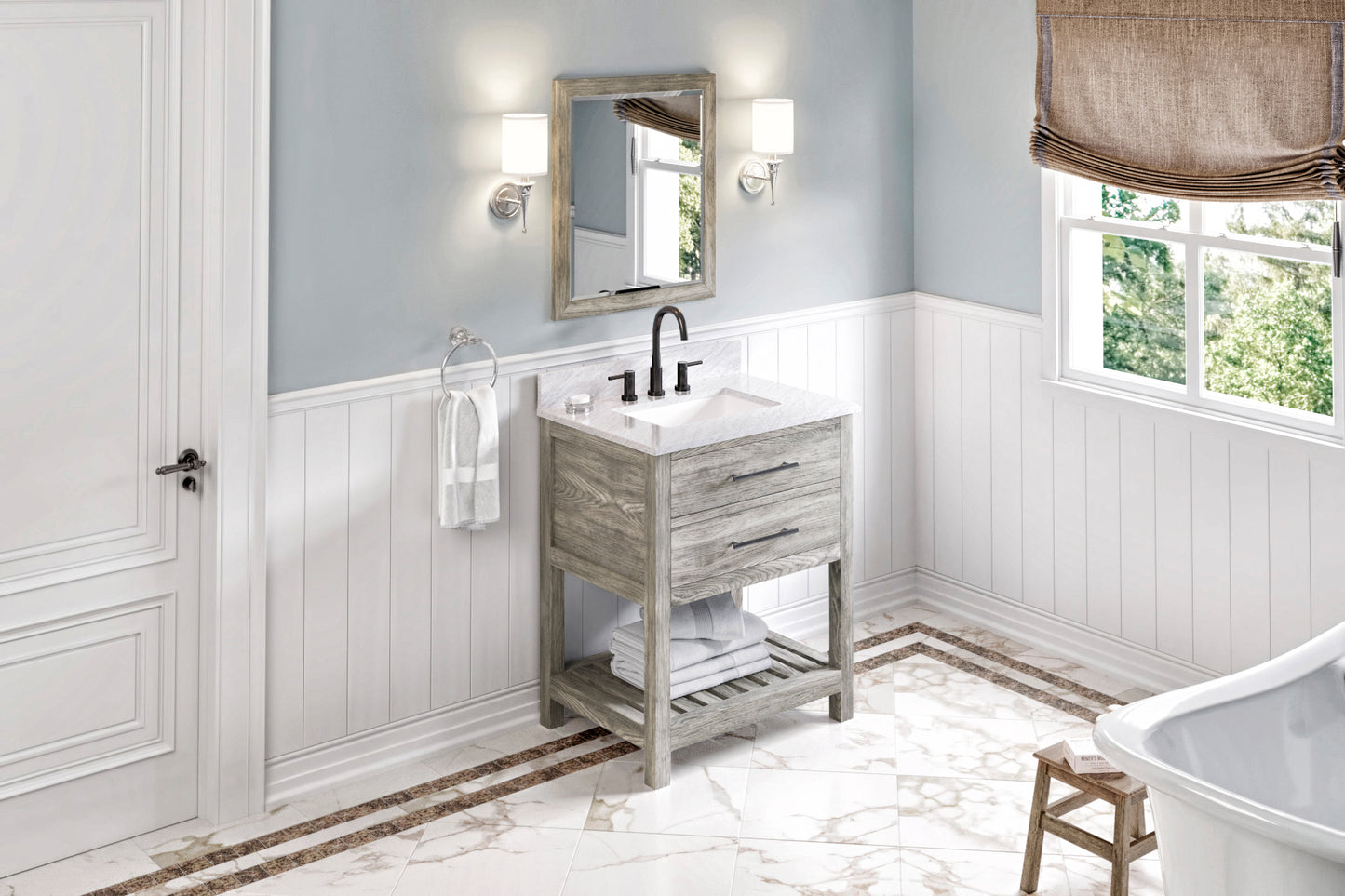 JEFFREY ALEXANDER VKITWAV30WGWCR 30" Weathered Grey Wavecrest Vanity, White Carrara Marble Vanity Top, undermount rectangle bowl - Weathered Grey