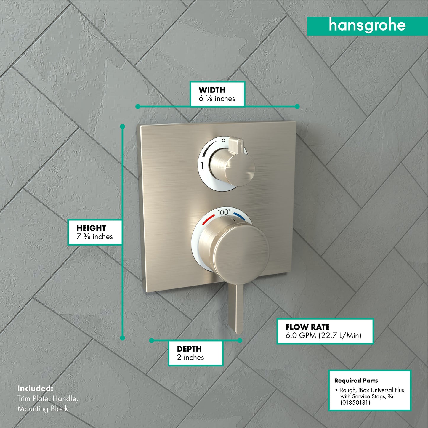 HANSGROHE 15714821 Brushed Nickel Ecostat Square Modern Thermostatic Trim