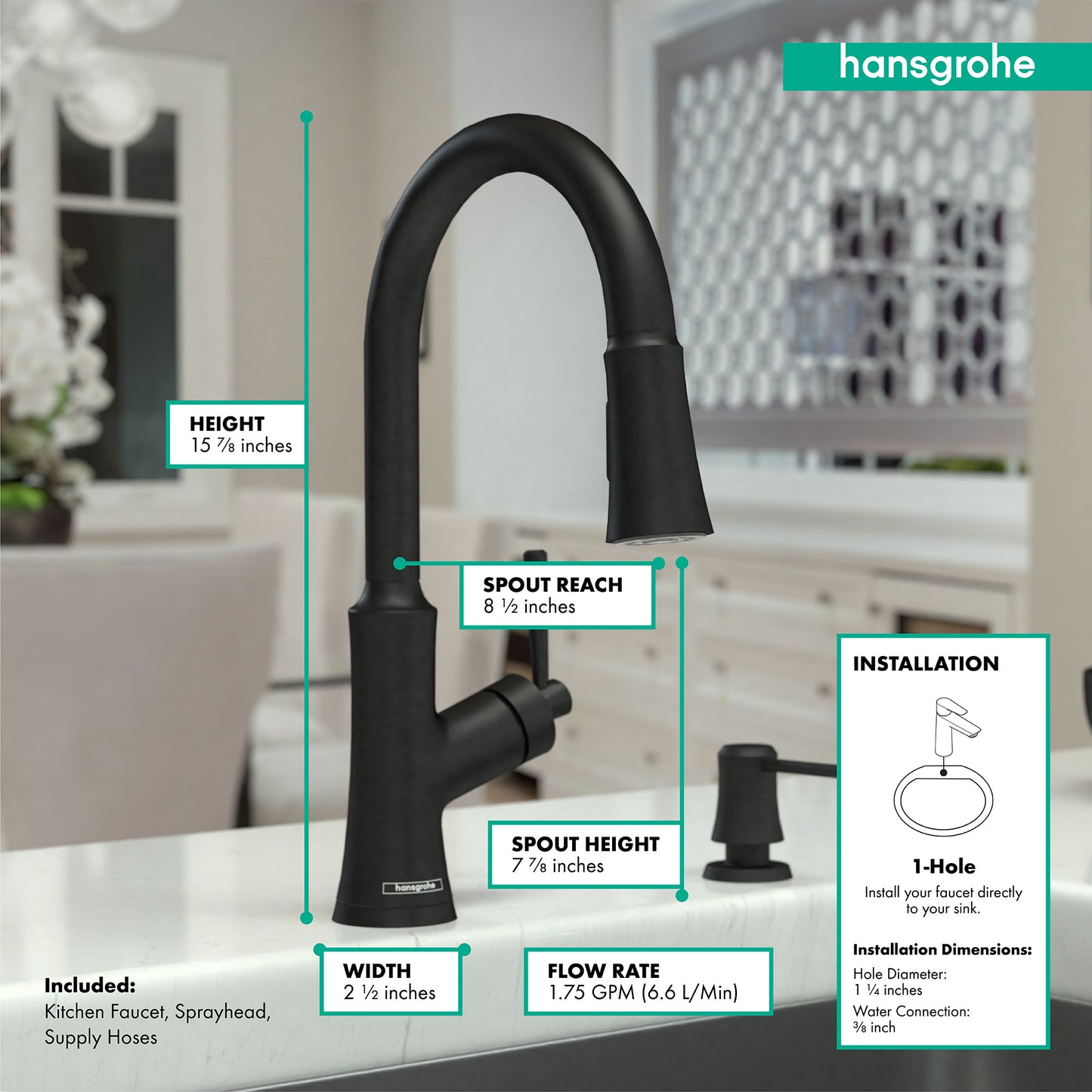 HANSGROHE 04793670 Joleena HighArc Kitchen Faucet, 2-Spray Pull-Down, 1.75 GPM - Matte Black