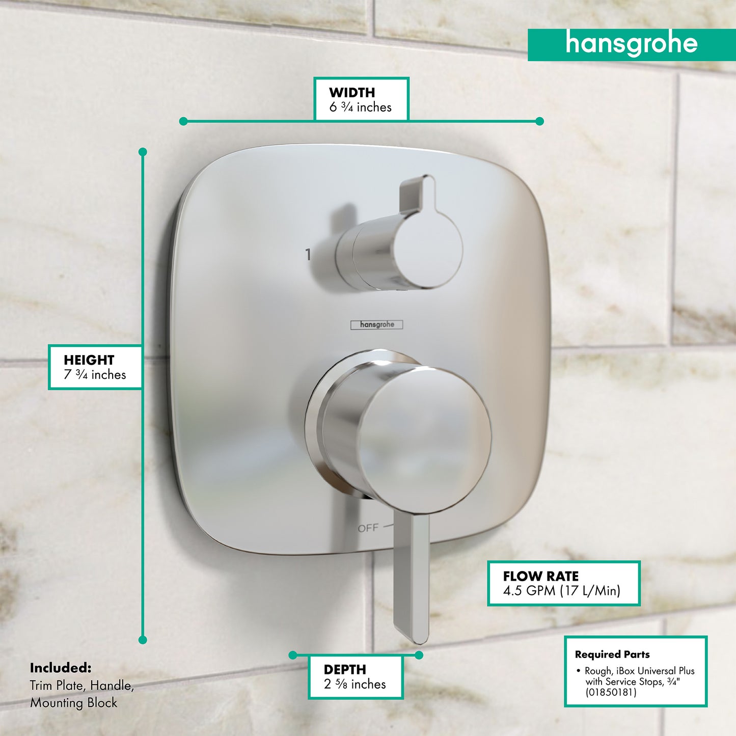HANSGROHE 15864001 Ecostat Pressure Balance Trim Square with Diverter - Chrome