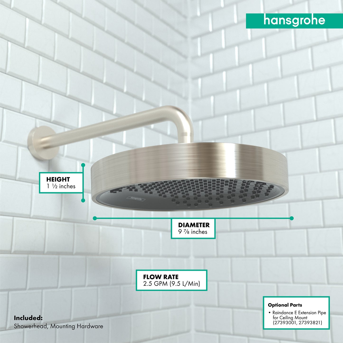 HANSGROHE 26228821 Brushed Nickel Rainfinity Modern Showerhead 2.5 GPM